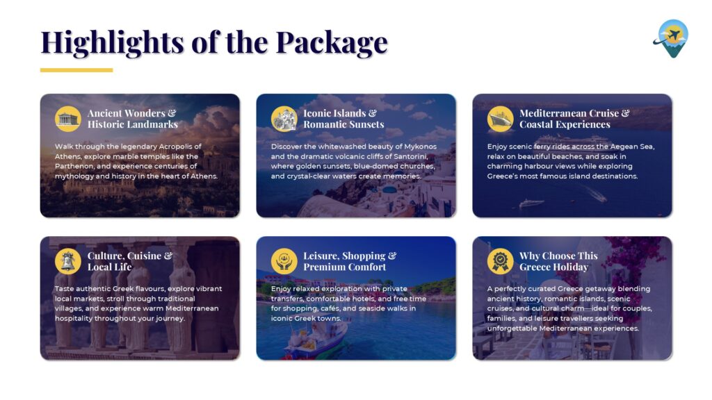 Scenic Greece island highlights including Santorini and Mykonos during Greece holiday package