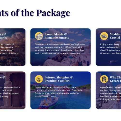 Scenic Greece island highlights including Santorini and Mykonos during Greece holiday package