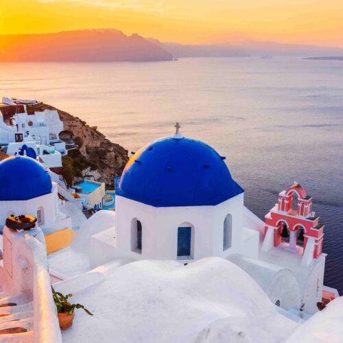 Beautiful Greece tourist destinations with Mediterranean sea and white architecture
