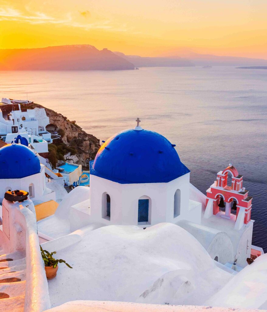 Beautiful Greece tourist destinations with Mediterranean sea and white architecture