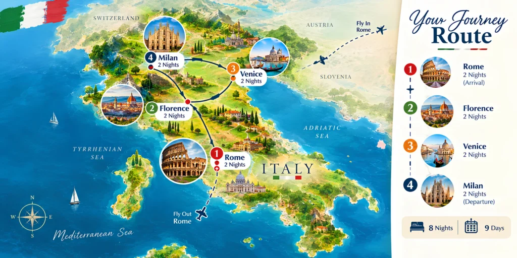 Italy tour map showing the 8 nights 9 days route from Rome to Florence, Venice and Milan