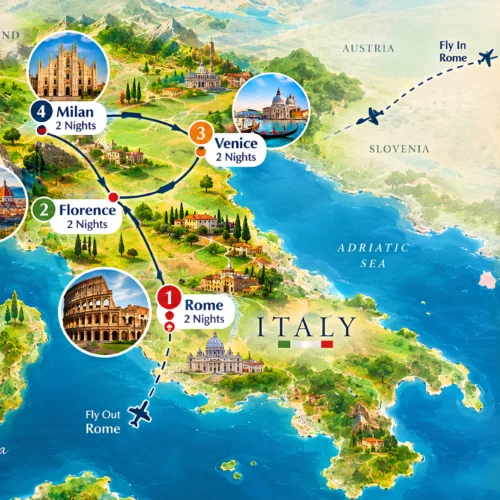 Italy tour map showing the 8 nights 9 days route from Rome to Florence, Venice and Milan