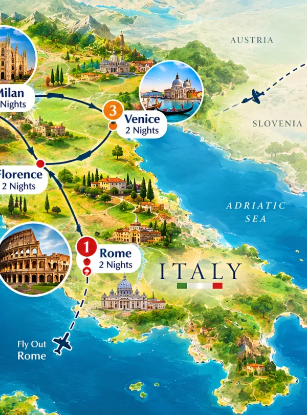 Italy tour map showing the 8 nights 9 days route from Rome to Florence, Venice and Milan