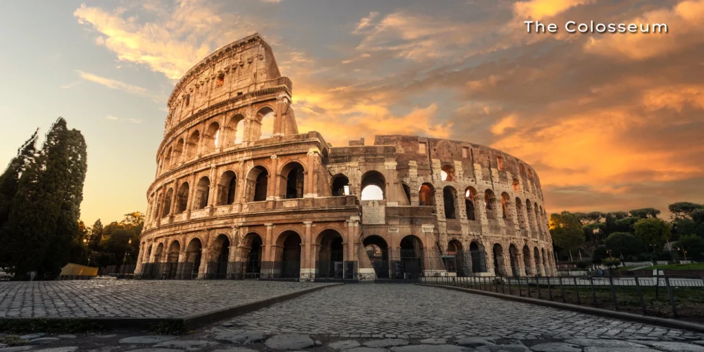 Sun shining brightly through the ancient stone arches of the Colosseum in Rome, Italy.