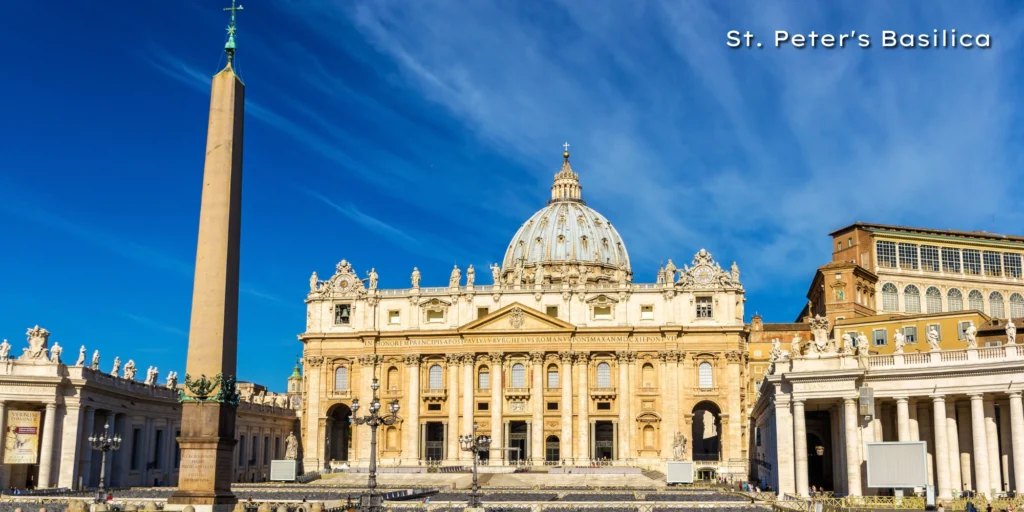 Aerial perspective of St. Peter's Square and the magnificent dome of St. Peter's Basilica.