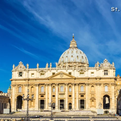Aerial perspective of St. Peter's Square and the magnificent dome of St. Peter's Basilica.