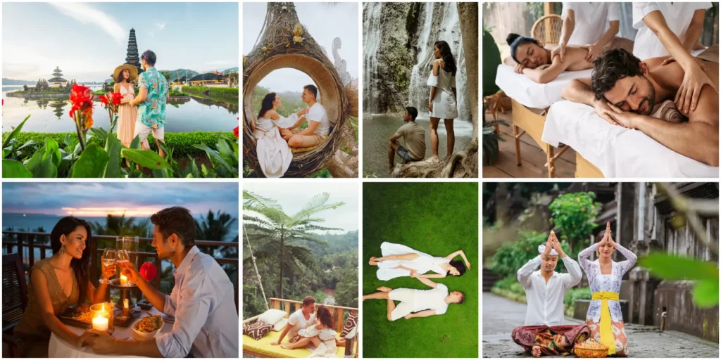 Collage of a couple enjoying romantic Bali activities, including sitting in a decorative jungle nest, a beachside candle-light dinner, relaxing on a floating forest bed, and receiving a traditional Balinese couple's massage.