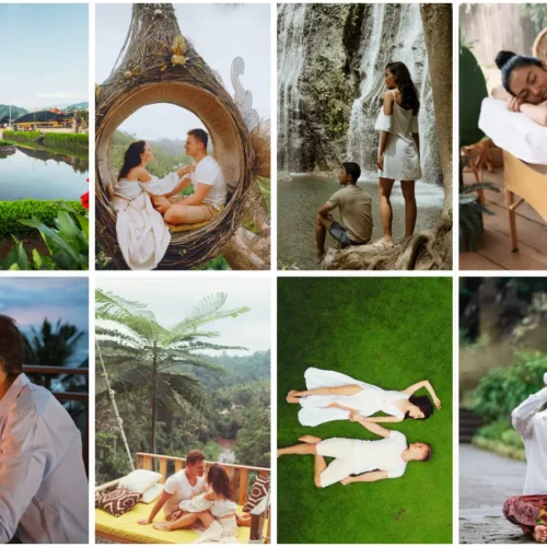 Collage of a couple enjoying romantic Bali activities, including sitting in a decorative jungle nest, a beachside candle-light dinner, relaxing on a floating forest bed, and receiving a traditional Balinese couple's massage.