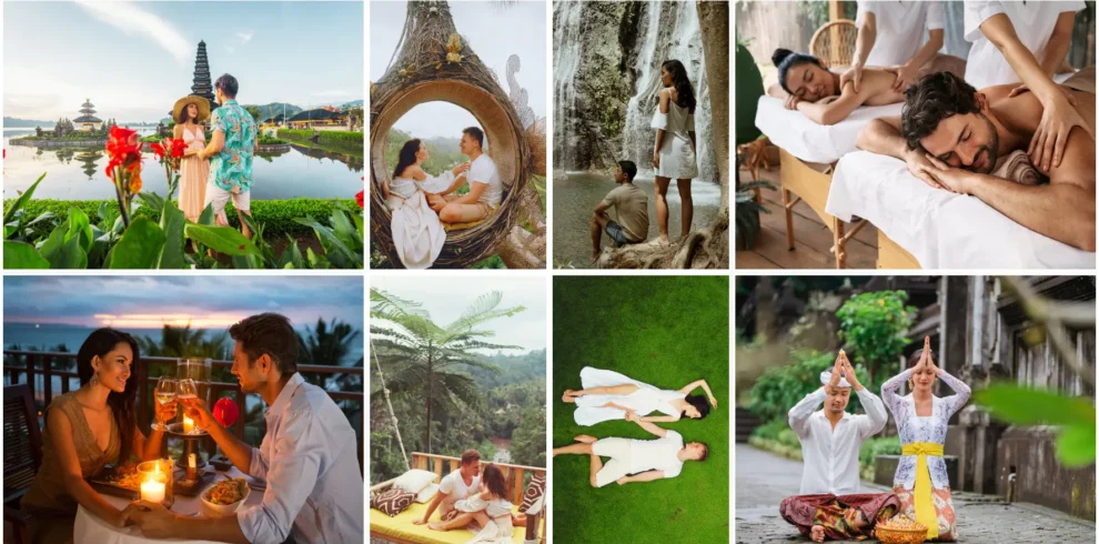 Collage of a couple enjoying romantic Bali activities, including sitting in a decorative jungle nest, a beachside candle-light dinner, relaxing on a floating forest bed, and receiving a traditional Balinese couple's massage.