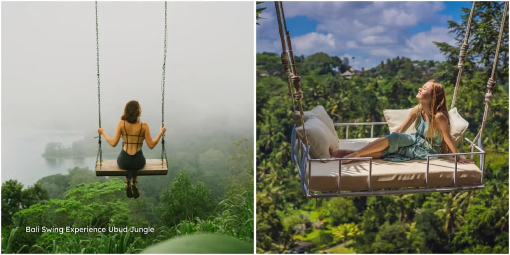 Traveler enjoying the thrilling Bali Swing over the lush green jungle canopy in Ubud.