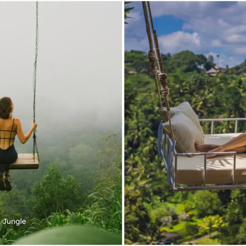 Traveler enjoying the thrilling Bali Swing over the lush green jungle canopy in Ubud.
