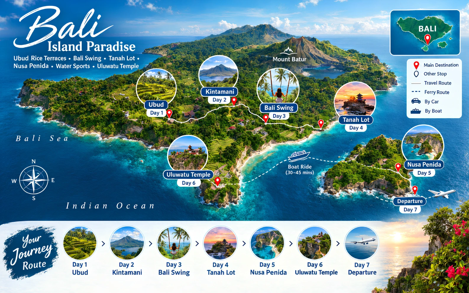 Bali 6 nights 7 days tour itinerary map featuring Ubud, Kintamani, Bali Swing, Tanah Lot Temple, Nusa Penida and Uluwatu Temple with travel routes.