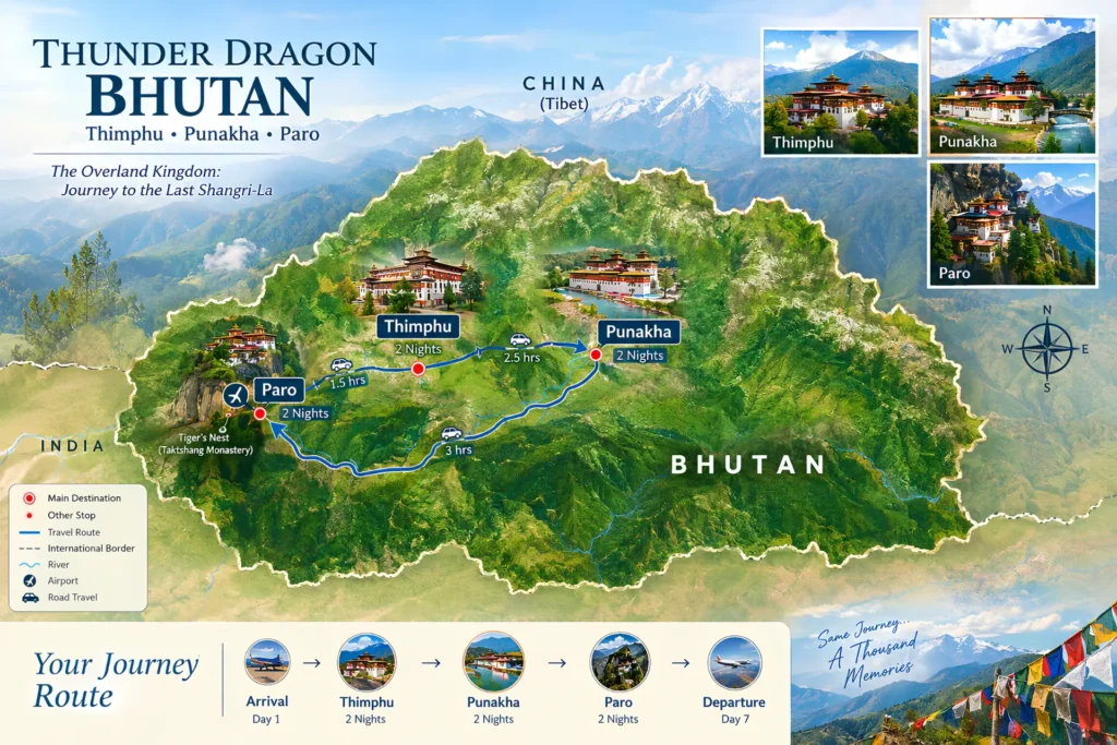 Illustrated Bhutan tour itinerary map showing Paro, Thimphu, Punakha, Dochula Pass and Tiger’s Nest Monastery on a 6 nights 7 days Bhutan travel route.