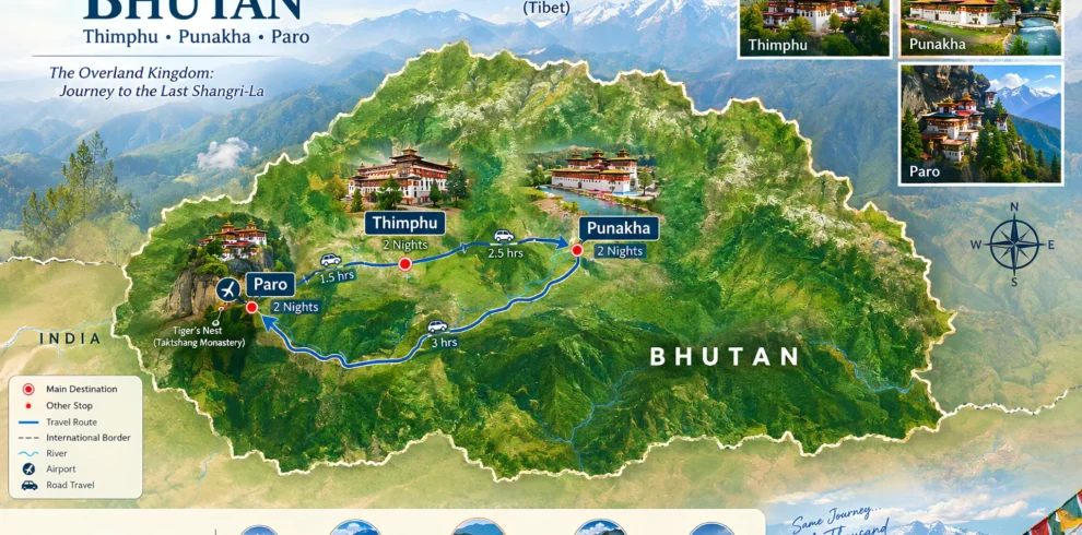 Illustrated Bhutan tour itinerary map showing Paro, Thimphu, Punakha, Dochula Pass and Tiger’s Nest Monastery on a 6 nights 7 days Bhutan travel route.