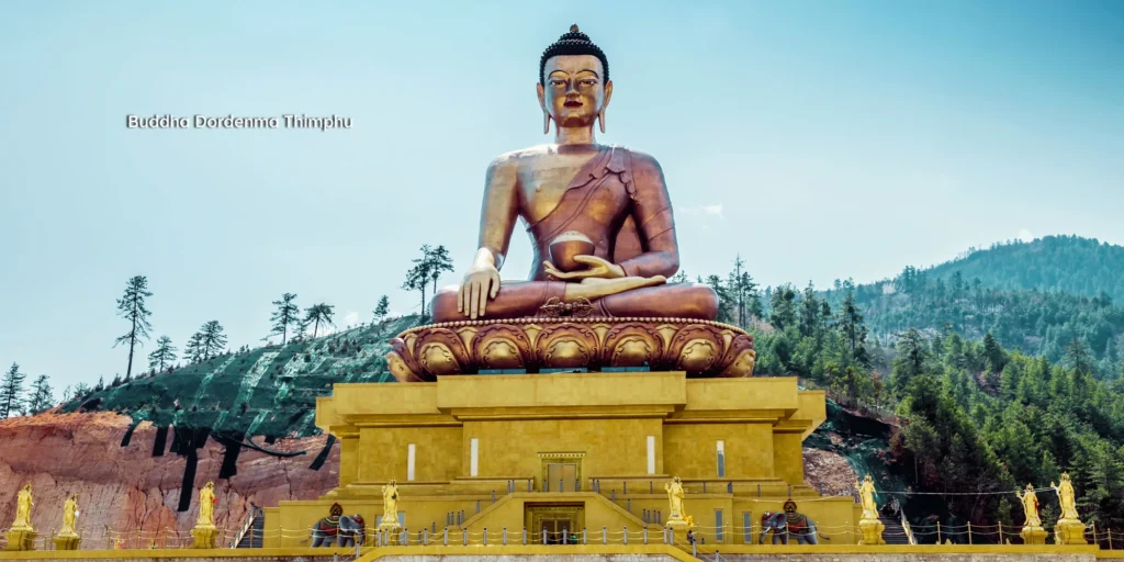 Massive golden Buddha Dordenma statue overlooking Thimphu valley during the Bhutan holiday package.