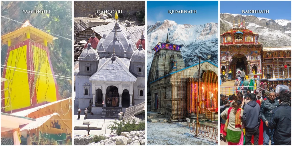 Panoramic view of the four sacred Char Dham shrines in the Himalayas, representing the ultimate 10-day pilgrimage.