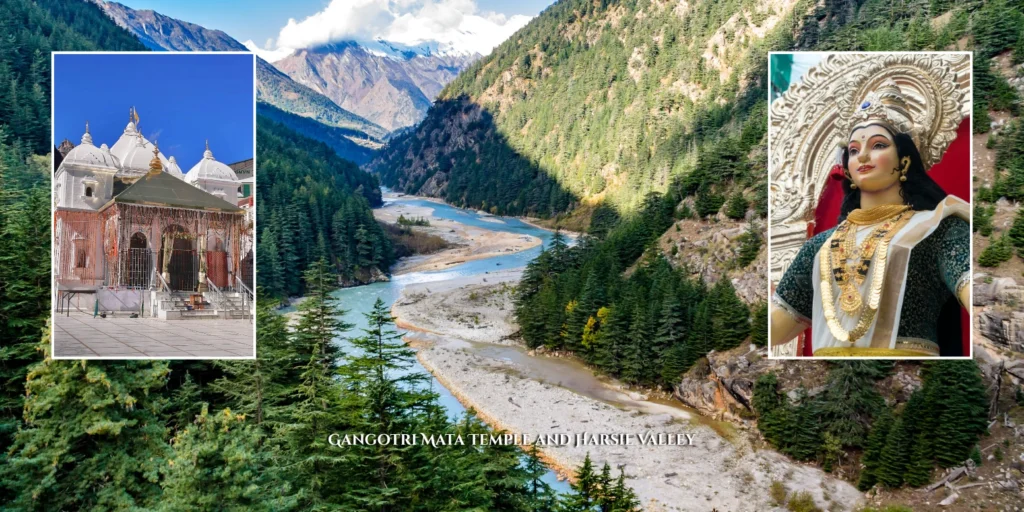 The white marble structure of the Gangotri Mata Temple situated along the Bhagirathi River in the Himalayas.