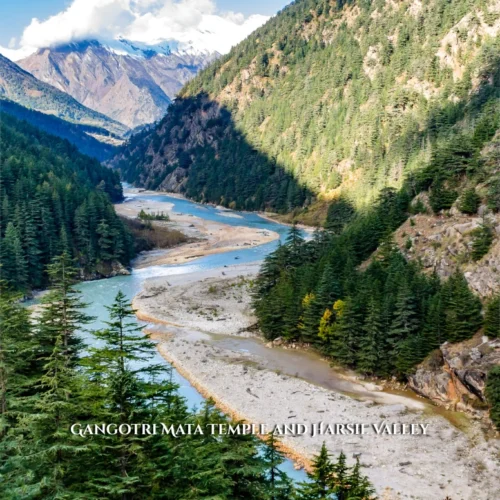 The white marble structure of the Gangotri Mata Temple situated along the Bhagirathi River in the Himalayas.