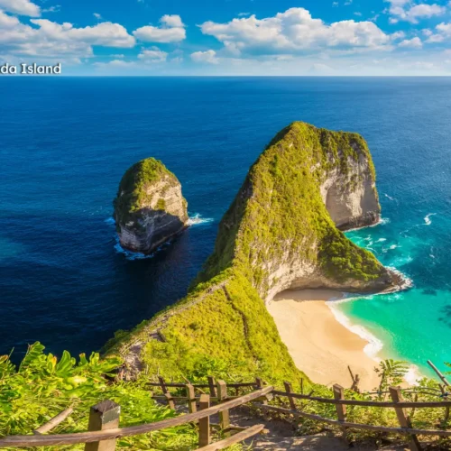 Breathtaking view of Kelingking Beach T-Rex cliff and turquoise waters on Nusa Penida island.