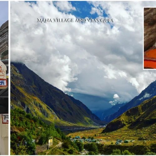 The rustic stone houses of Mana Village and the entrance to the ancient Vyas Gufa cave.