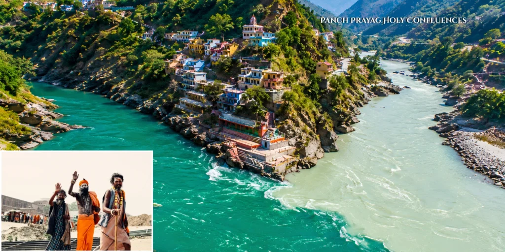The stunning aerial view of the emerald green waters merging at Devprayag, one of the five sacred river confluences.