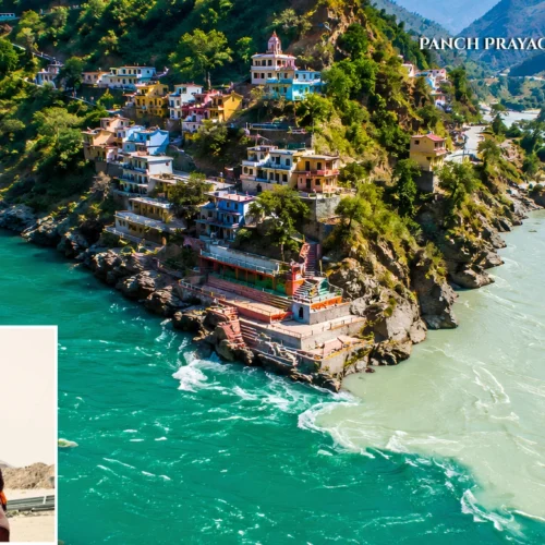 The stunning aerial view of the emerald green waters merging at Devprayag, one of the five sacred river confluences.