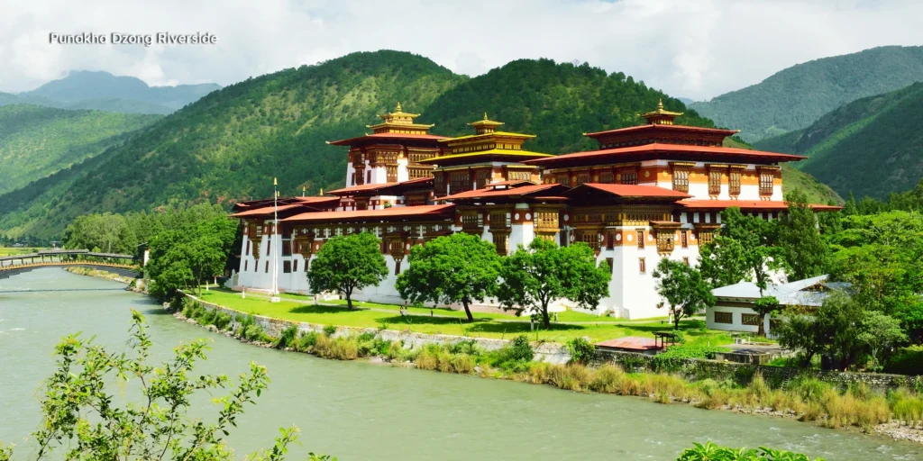 The majestic Punakha Dzong located at the confluence of the Mo Chhu and Pho Chhu glacial rivers in Bhutan.