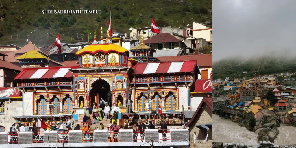 The brightly colored facade of the Shri Badrinath Temple nestled in the Garhwal Himalayas.