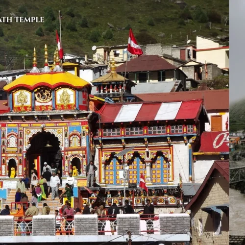 The brightly colored facade of the Shri Badrinath Temple nestled in the Garhwal Himalayas.