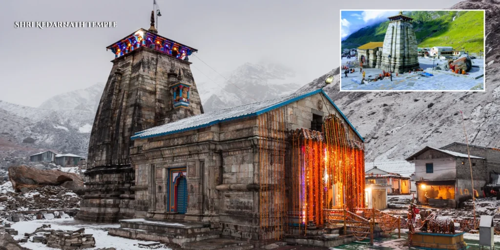 The majestic Shri Kedarnath Temple standing at an elevation of 3,583 meters against the snowy Kedarnath mountain range.
