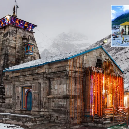 The majestic Shri Kedarnath Temple standing at an elevation of 3,583 meters against the snowy Kedarnath mountain range.