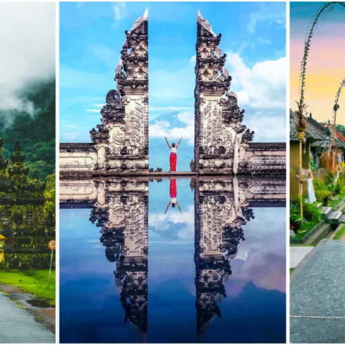 Beautiful female traveler taking a selfie between the iconic traditional Balinese stone pillars near Penglipuran village.