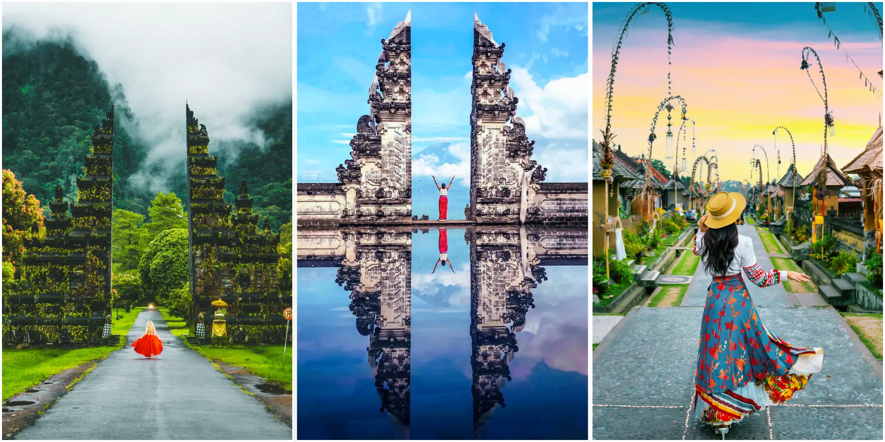 Beautiful female traveler taking a selfie between the iconic traditional Balinese stone pillars near Penglipuran village.