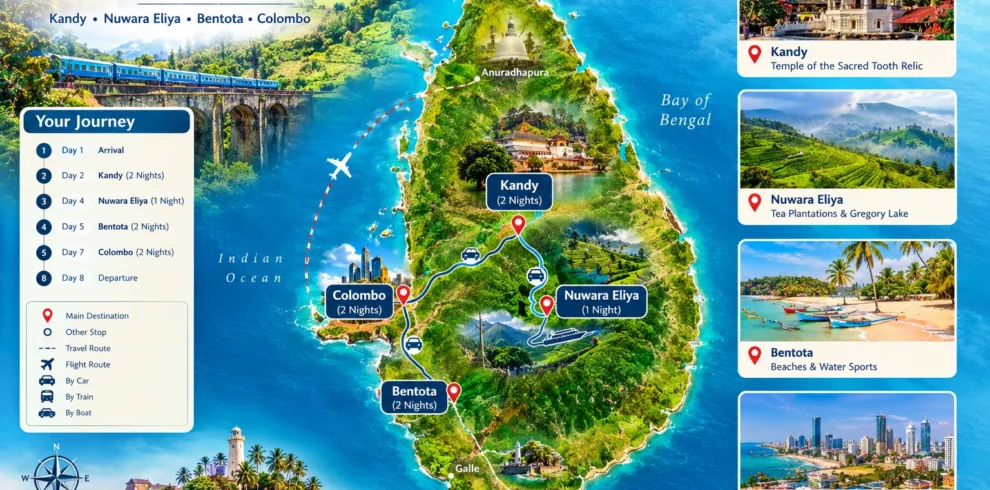 Sri Lanka tour itinerary map highlighting Kandy, Nuwara Eliya, Bentota and Colombo, with travel routes for a 7 nights 8 days holiday.