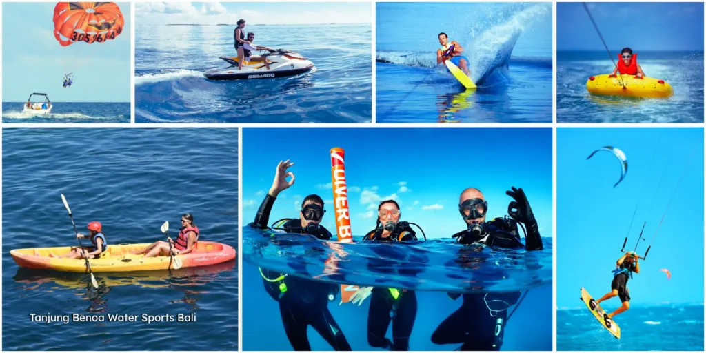 Couple enjoying a thrilling jet ski ride during water sports activities at Tanjung Benoa beach.