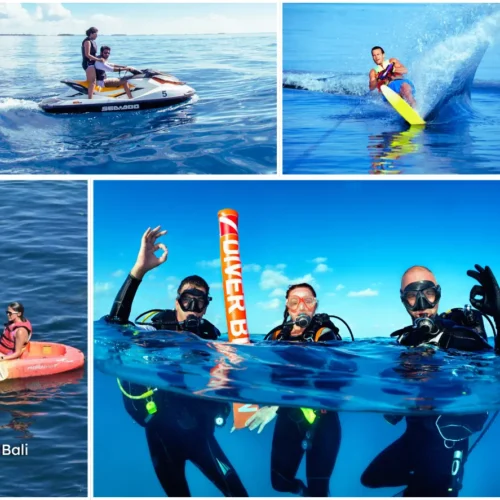 Couple enjoying a thrilling jet ski ride during water sports activities at Tanjung Benoa beach.