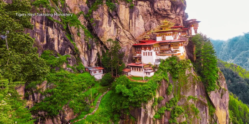 The iconic Tiger's Nest Taktsang Monastery clinging to a sheer cliff face 900 meters above Paro valley.