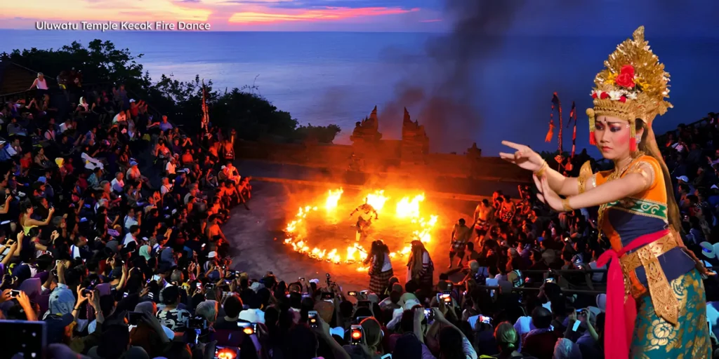 Traditional Balinese Kecak fire dance performance at Uluwatu Temple during sunset.