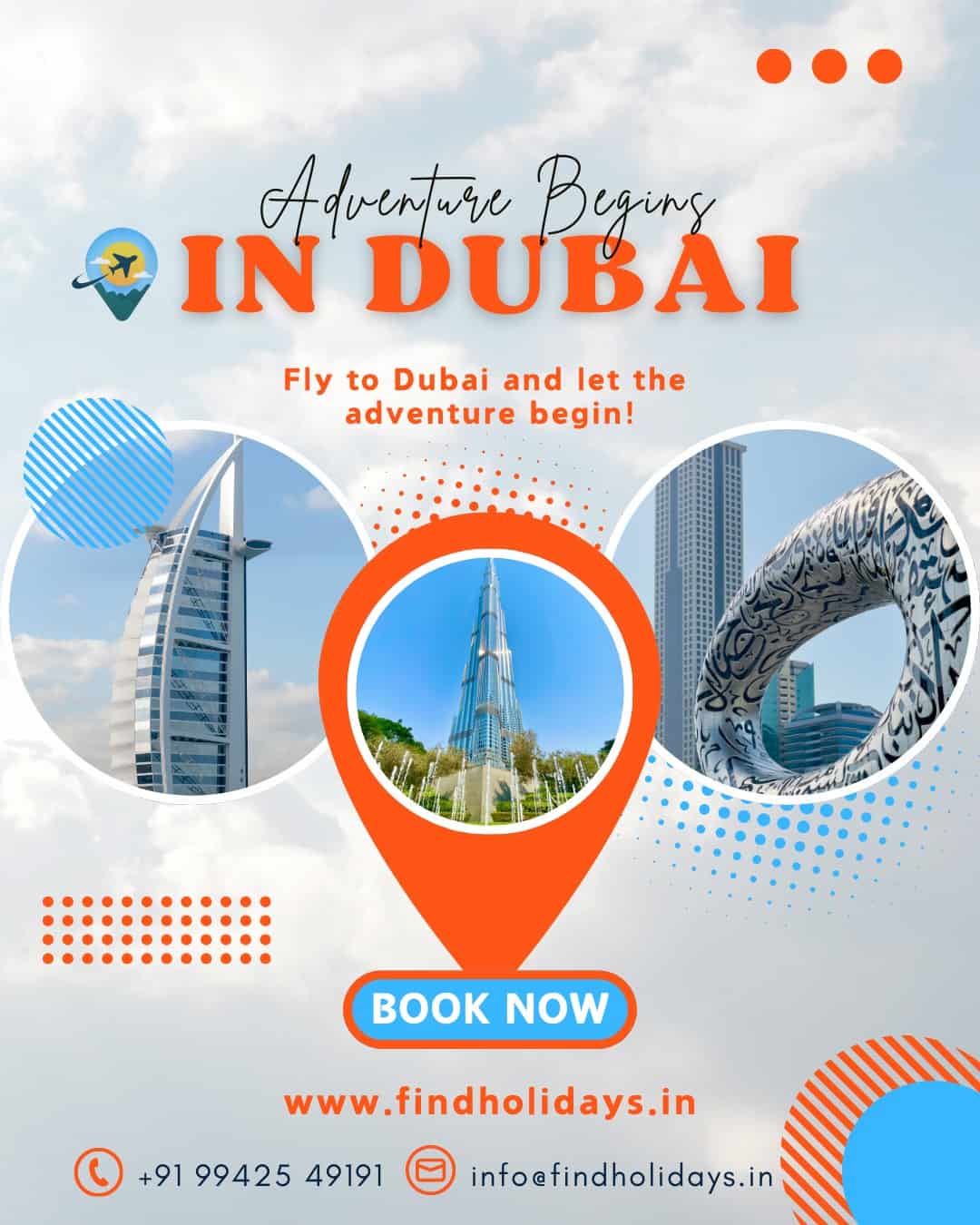 Explore Dubai like never before with our 6N/7D Dubai tour package from Chennai! 🏙️ From the iconic Burj Khalifa and Dubai Mall to the thrilling Desert Safari and Dhow Cruise, experience luxury, adventure, and culture all in one trip. Book your Dubai holiday package from Chennai with FindHolidays.in today!