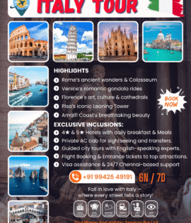 Best Italy tour packages from Anna Nagar, Chennai. Explore Rome, Florence, and Venice with expert visa assistance from FindHolidays.in.