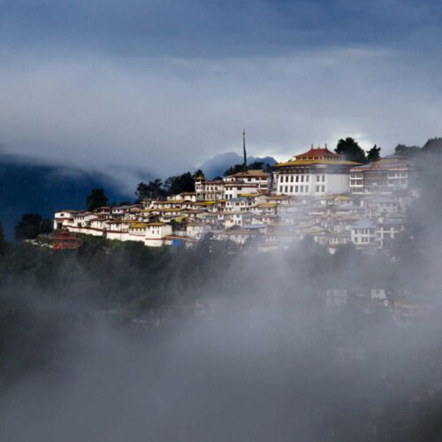 Bomdila Monastery in Arunachal Pradesh surrounded by Himalayan mountain views