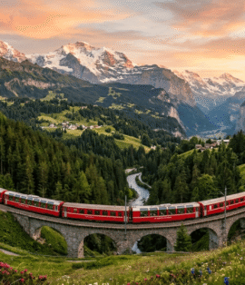 Palatial historic resort architecture and scenic frozen alpine landscapes in St. Moritz, Switzerland, an elite international holiday destination designed by Findholidays travel agency in Chennai.