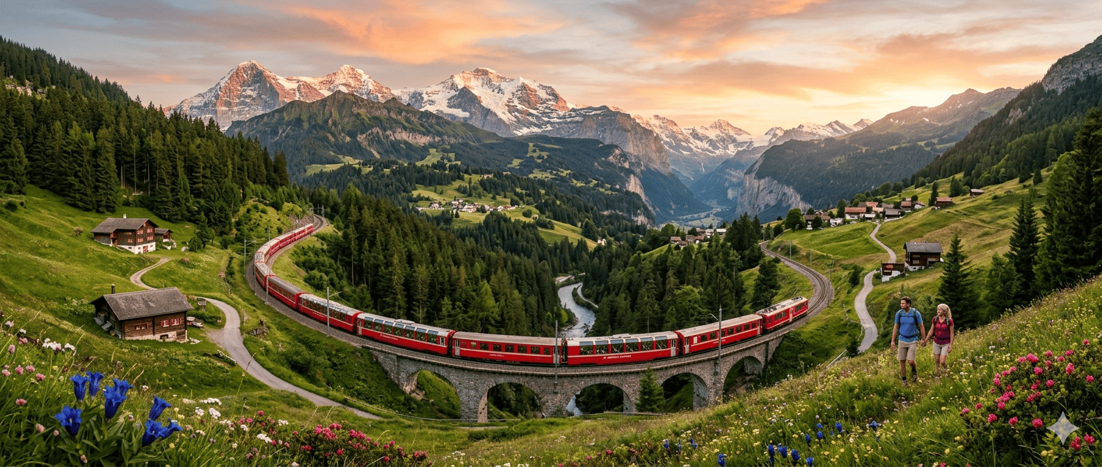 Palatial historic resort architecture and scenic frozen alpine landscapes in St. Moritz, Switzerland, an elite international holiday destination designed by Findholidays travel agency in Chennai.