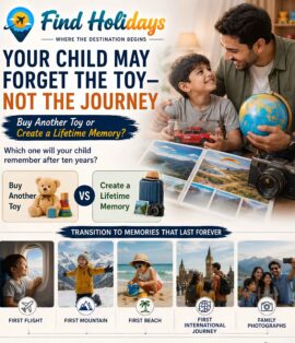 Father and young son planning a family holiday with a globe, camera and travel photographs