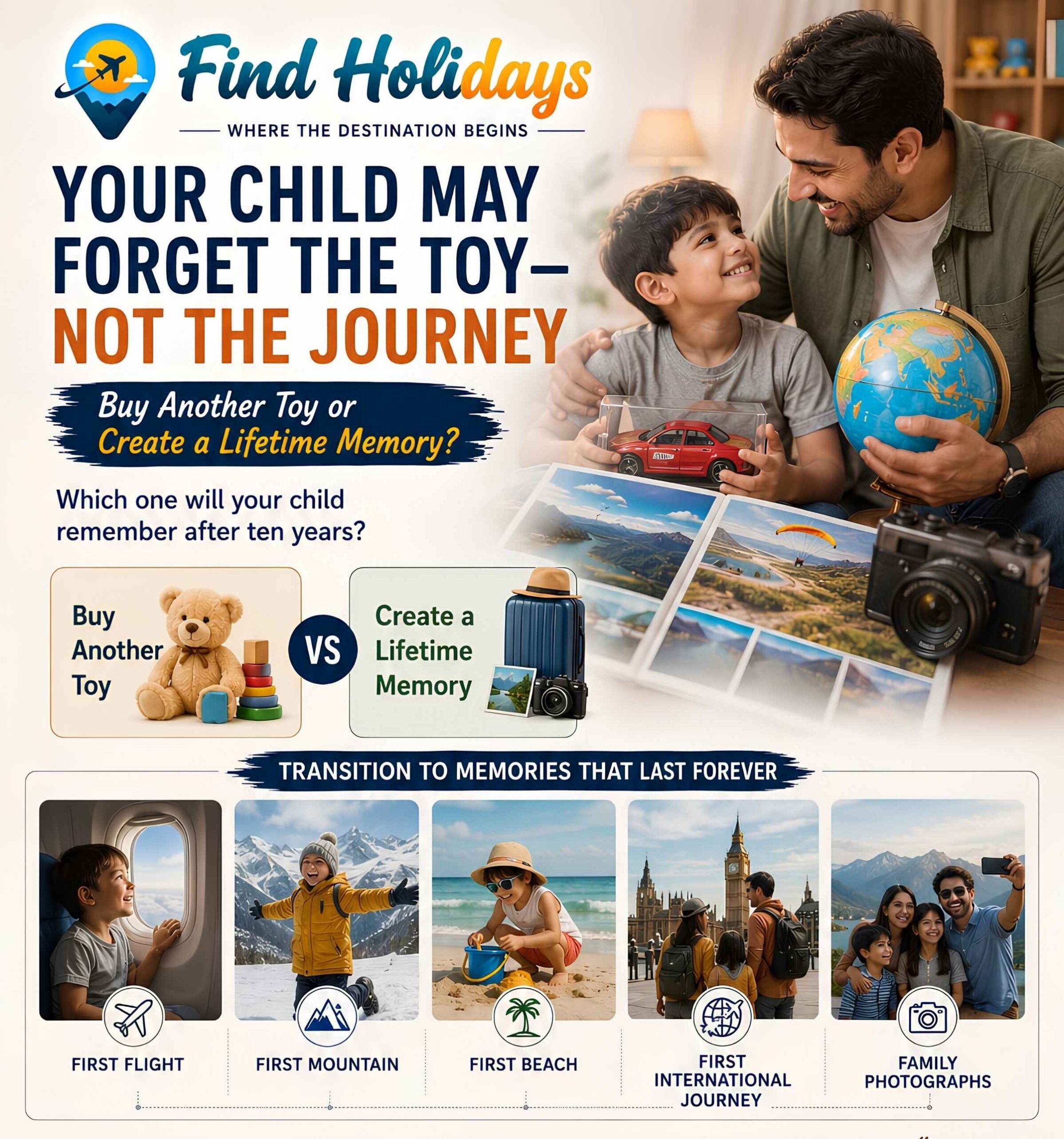 Father and young son planning a family holiday with a globe, camera and travel photographs