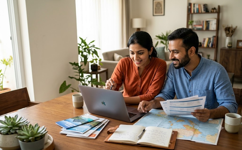 Indian couple comparing low-priced international holiday packages before booking