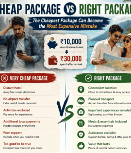 Cheap travel package vs right travel package comparison showing hidden costs and better holiday value