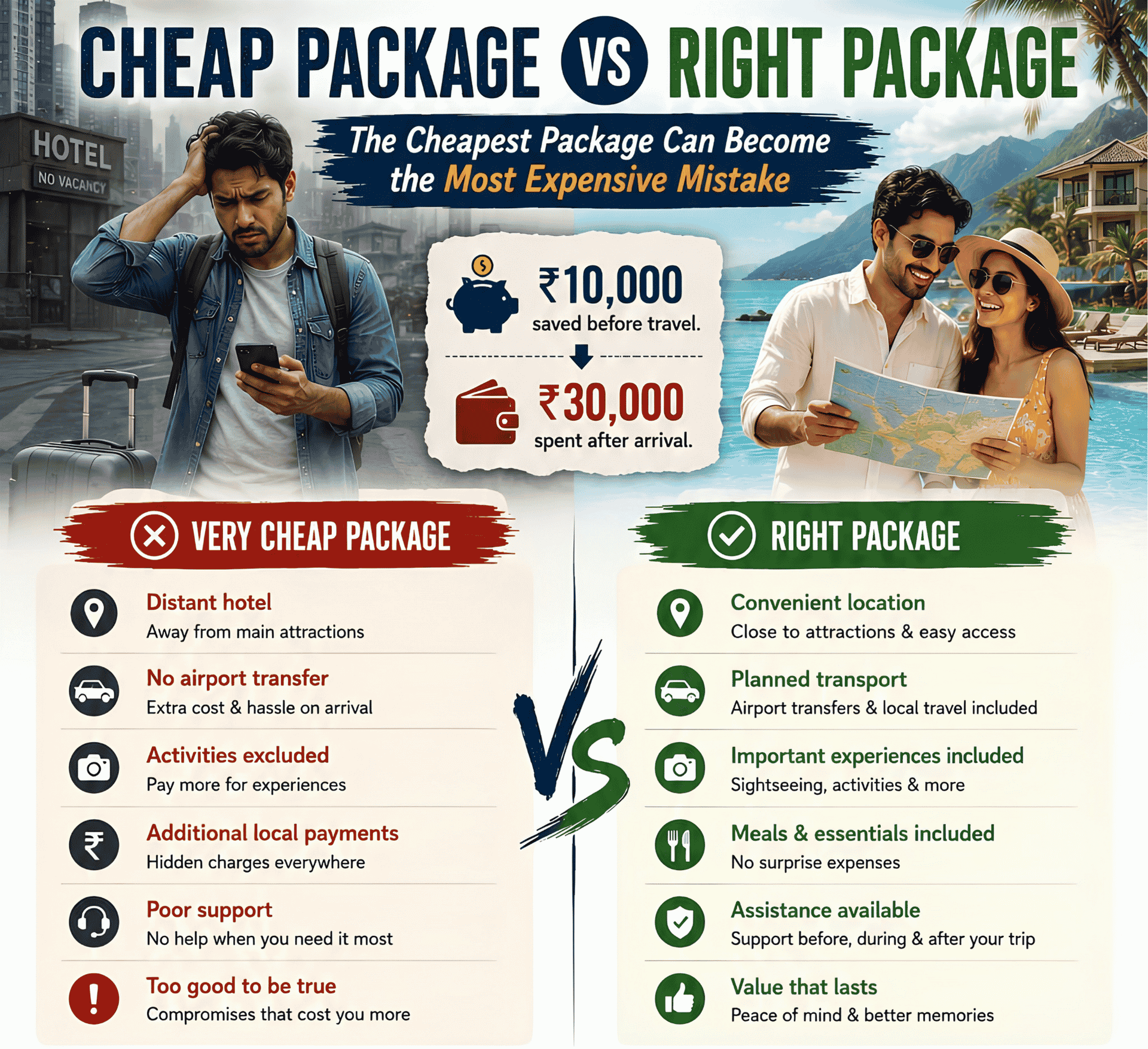 Cheap travel package vs right travel package comparison showing hidden costs and better holiday value