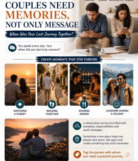 Couple distracted by mobile phones contrasted with meaningful holiday memories together