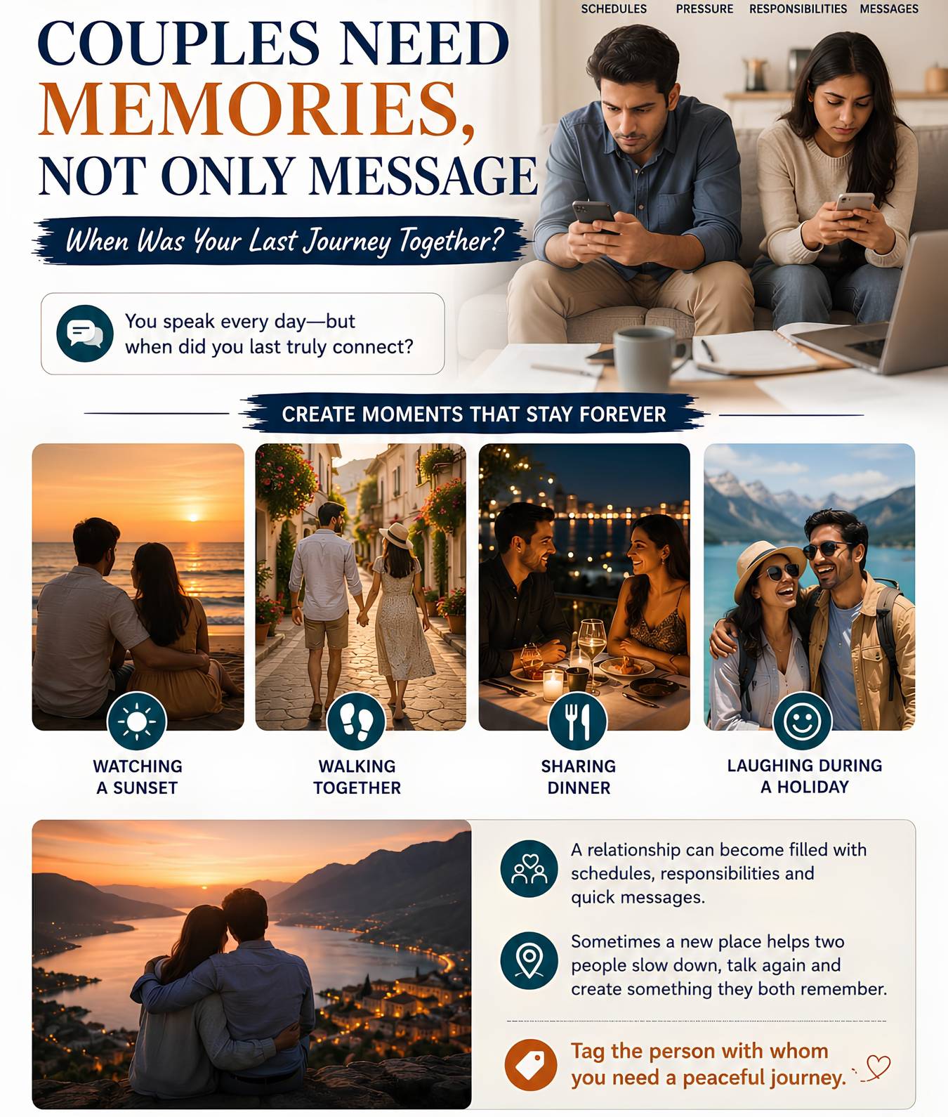 Couple distracted by mobile phones contrasted with meaningful holiday memories together